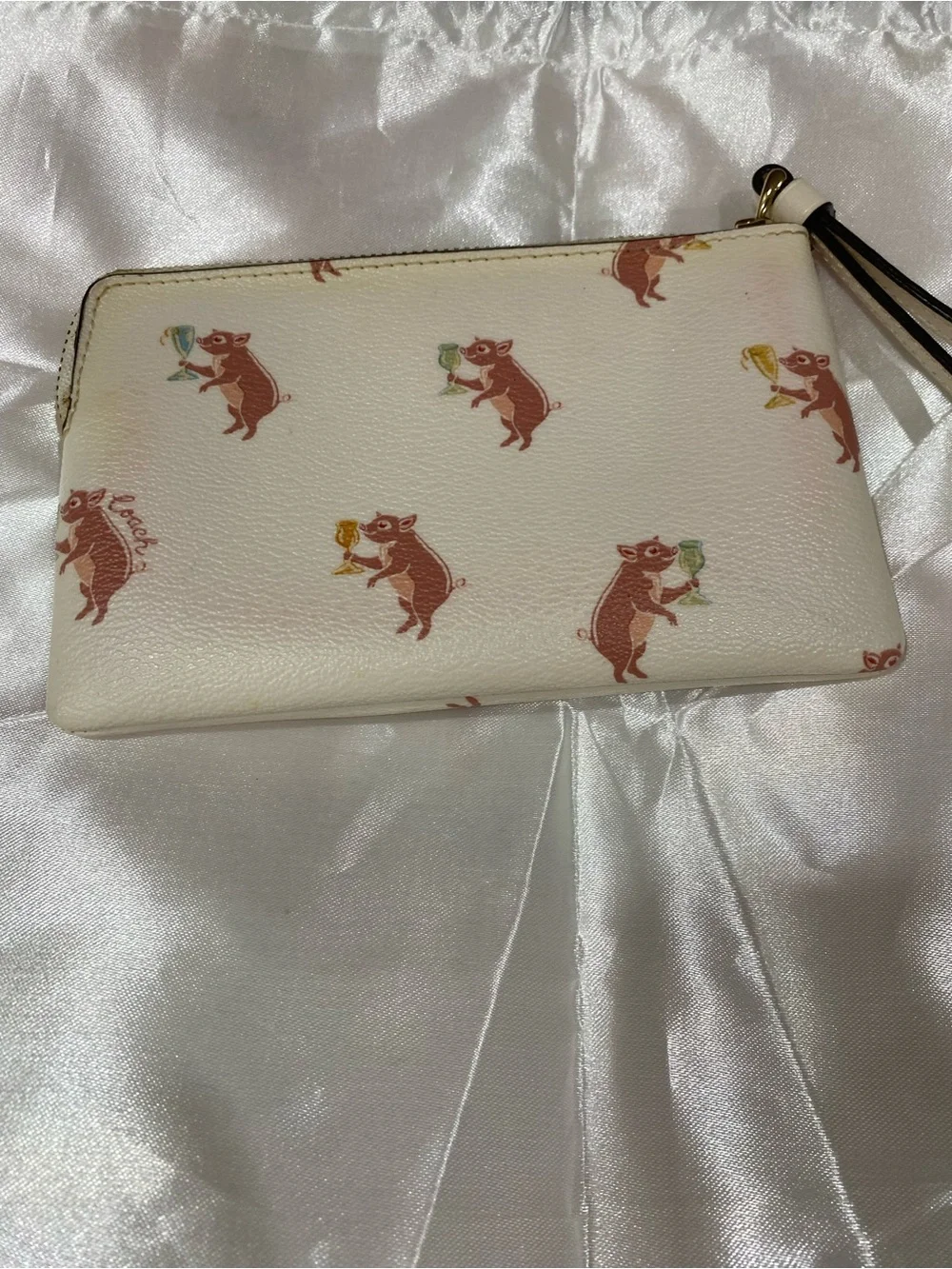 Coach White Leather Wristlet with Party  Piglet Print